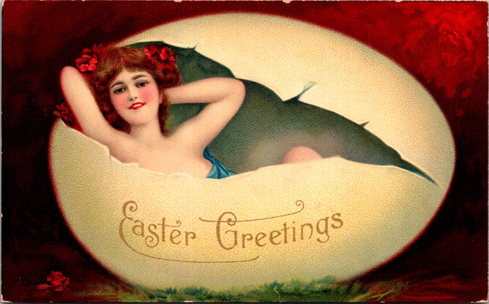 Easter Greetings Postcard Beautiful Woman Laying in Cracked Eggshell