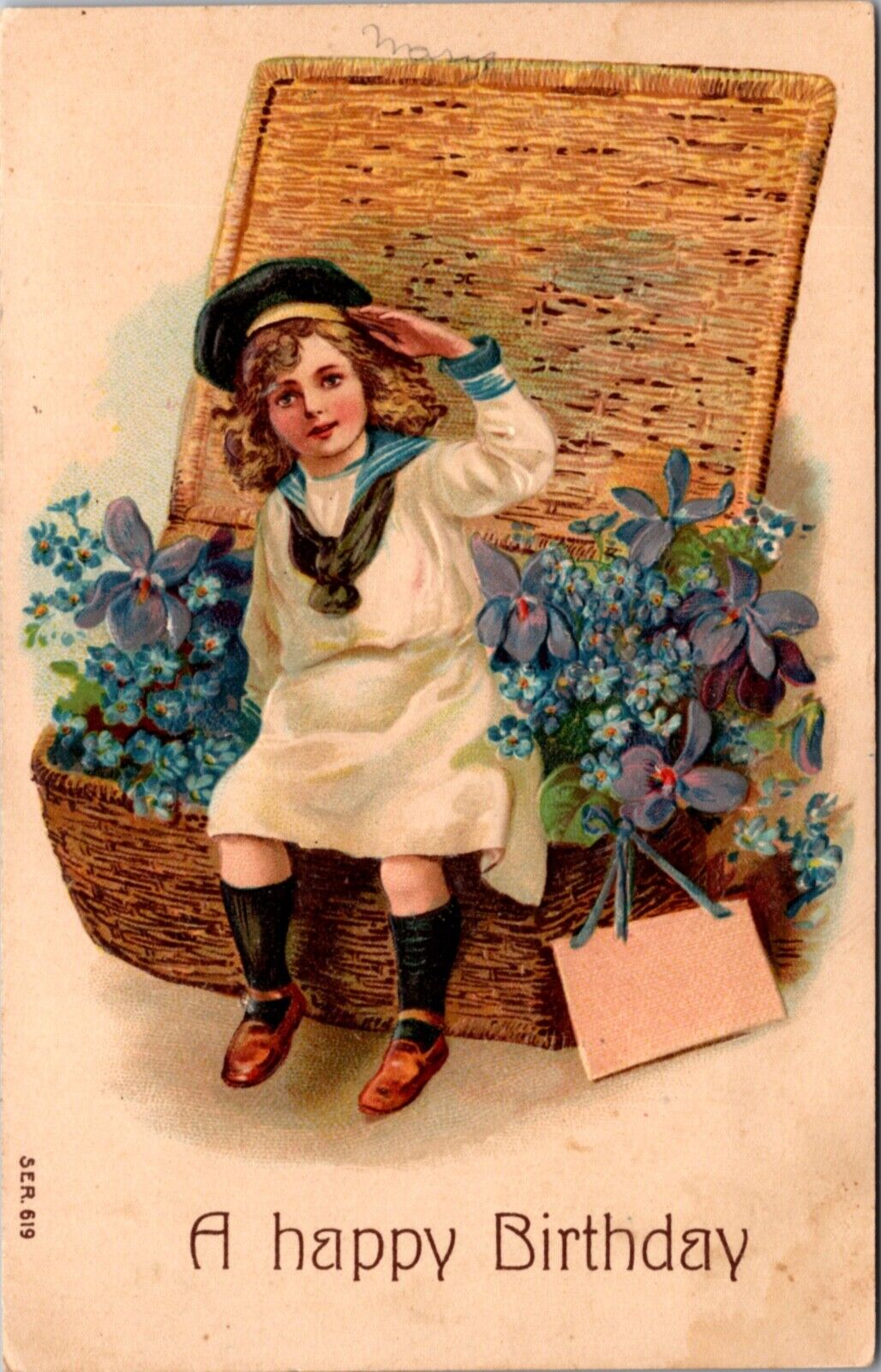 Birthday Postcard Sailor Dressed Child Sitting in Giant Wicker Basket of Flowers