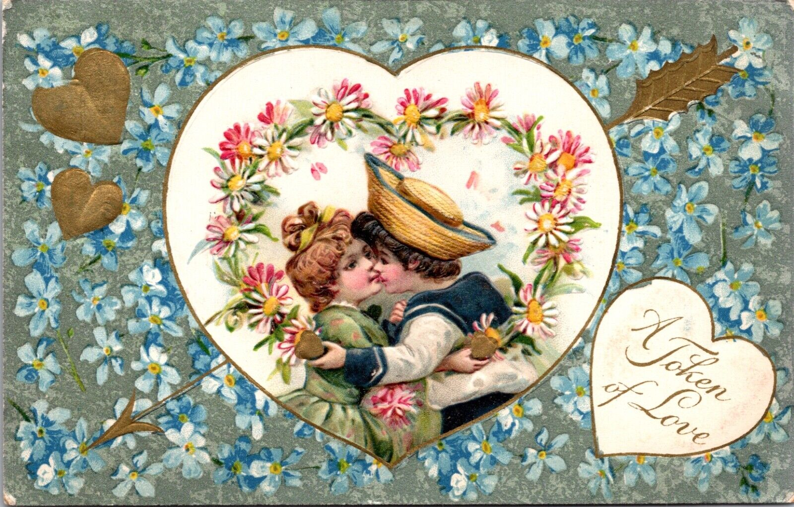 Valentine's Day Postcard Sailor Dress Boy Kissing Girl in Heart of Flowers