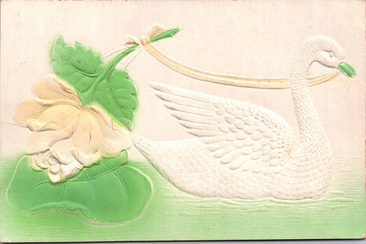 Airbrushed Embossed Postcard Swan with a Rose and Water Lily~3545