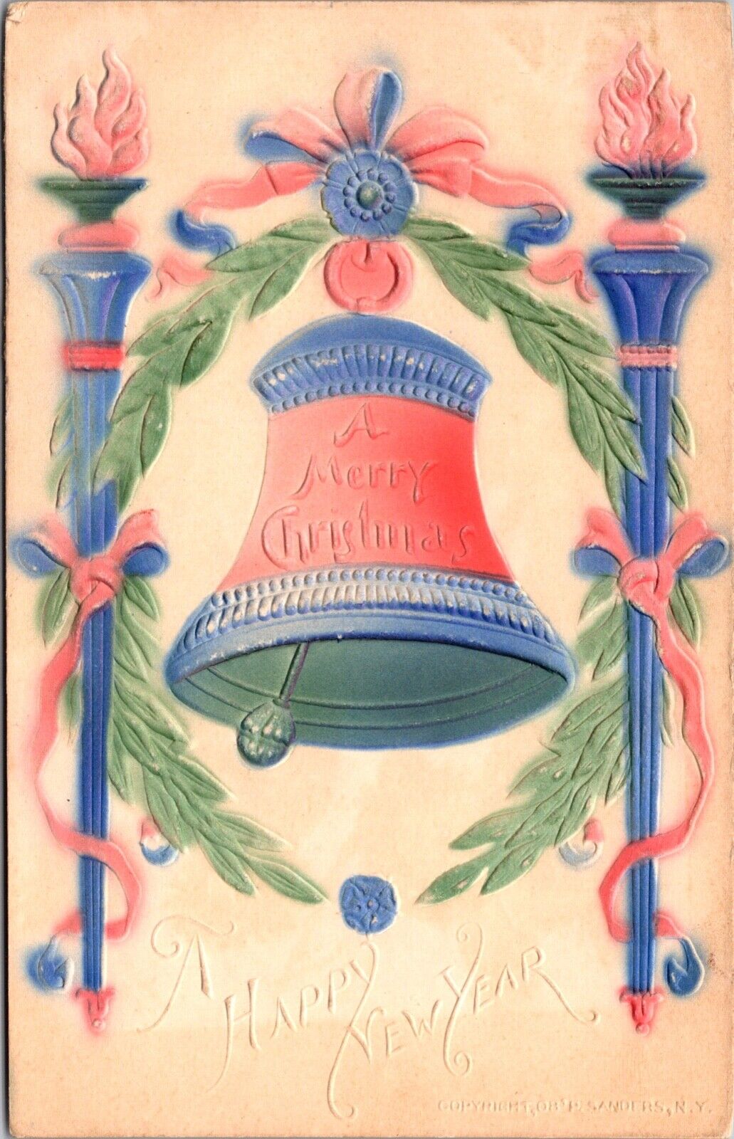 Airbrushed Postcard Merry Christmas Happy New Year Bell Ringing~136953