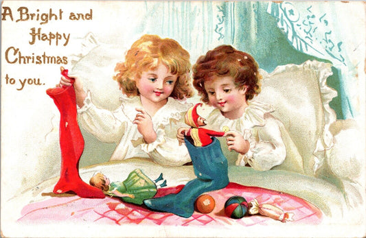 Christmas PC Two Little Girls Sitting in Bed Opening Stocking Presents Gifts