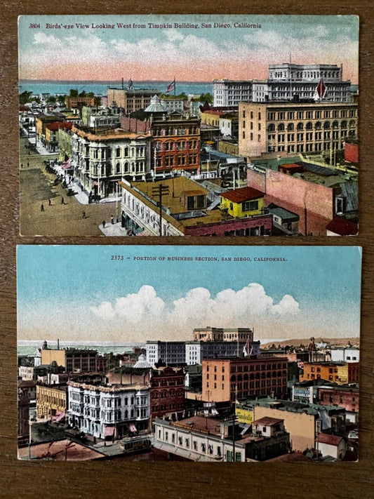 Two Postcards Birds Eye View Downtown Business Section San Diego, California