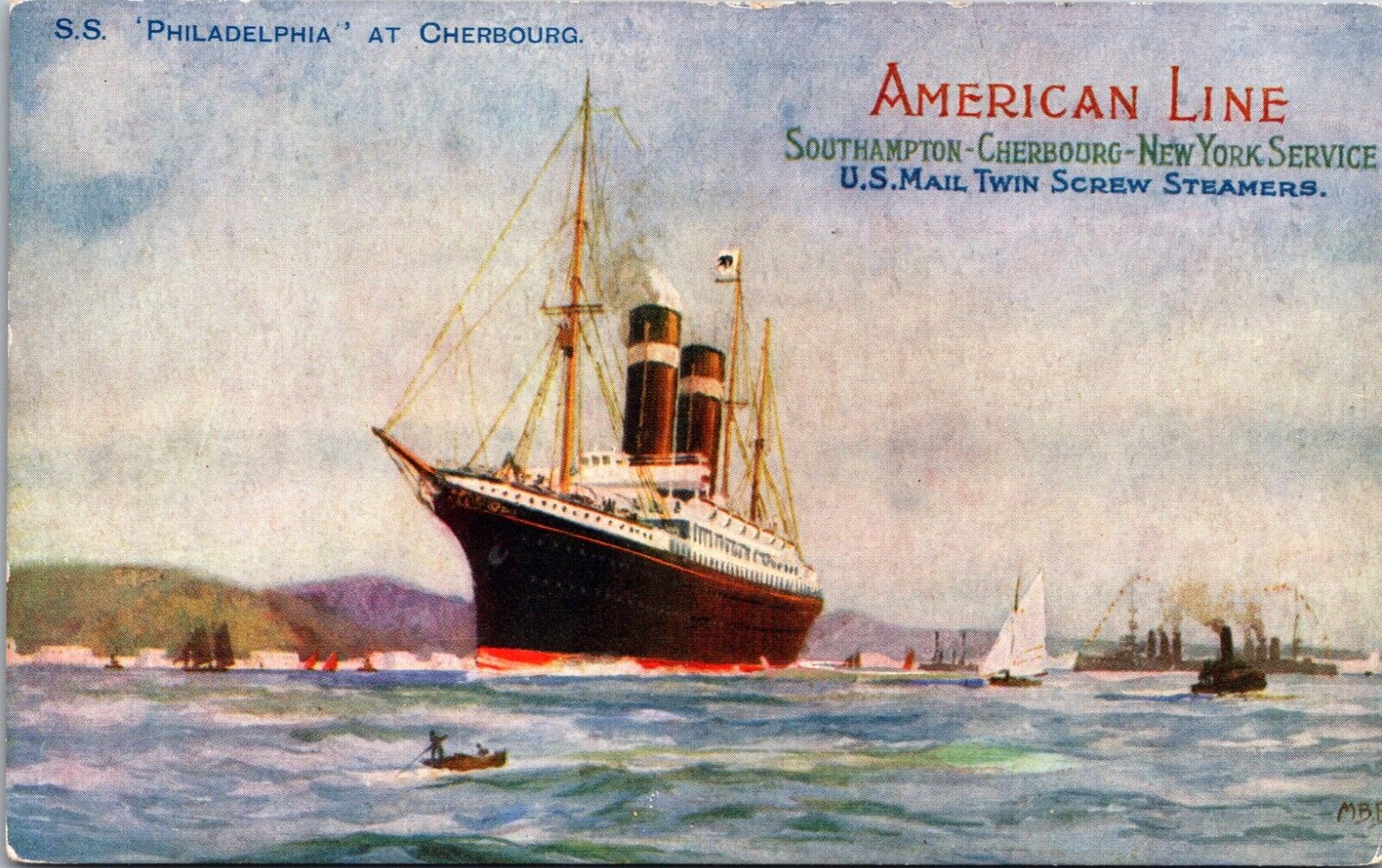 Advertising PC American Line S.S. Philadelphia at Cherbourg US Mail Steamer