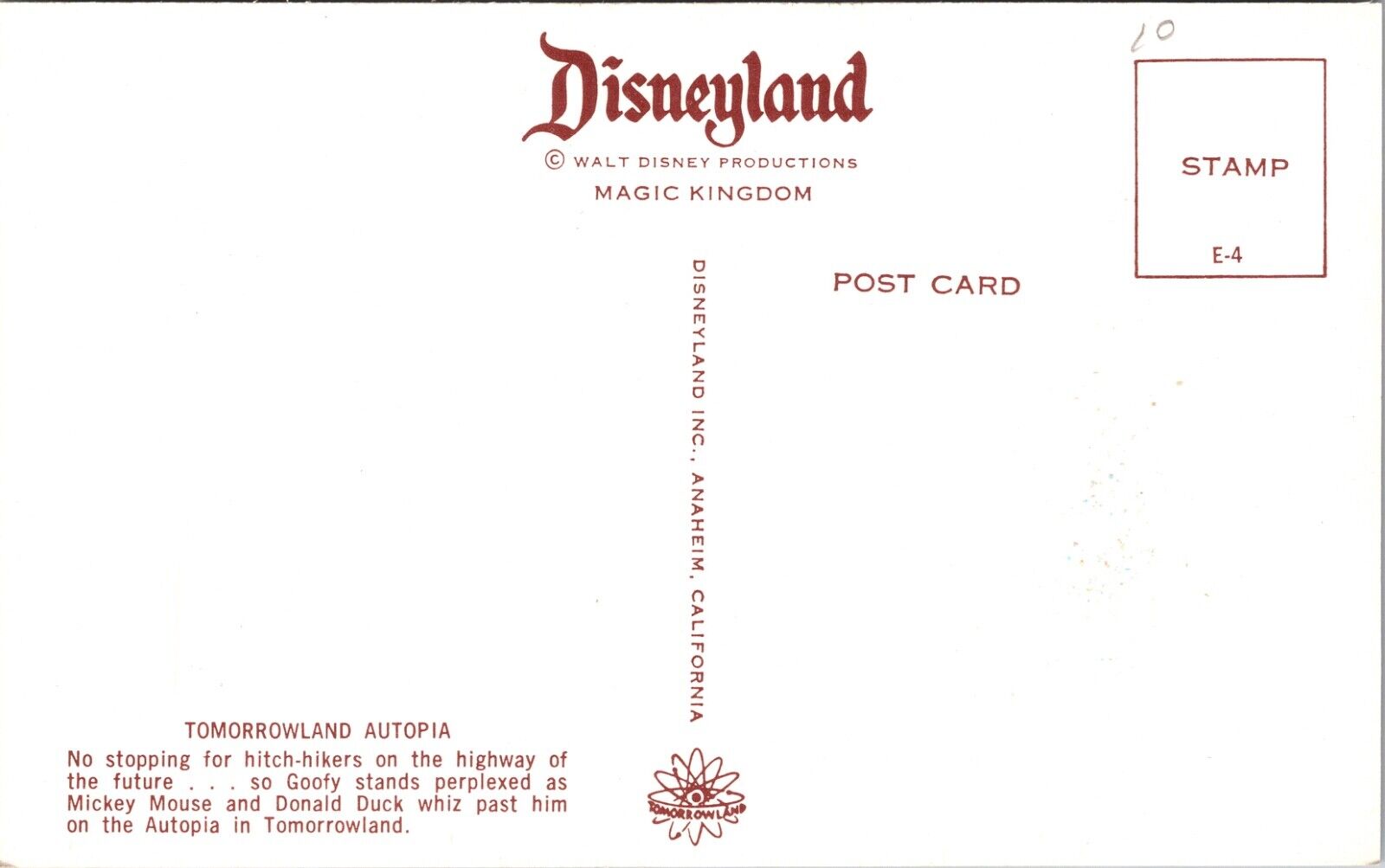 Disneyland Postcard Goofy, Mickey Mouse, Donald Duck Autopia Ride Tomorrowland