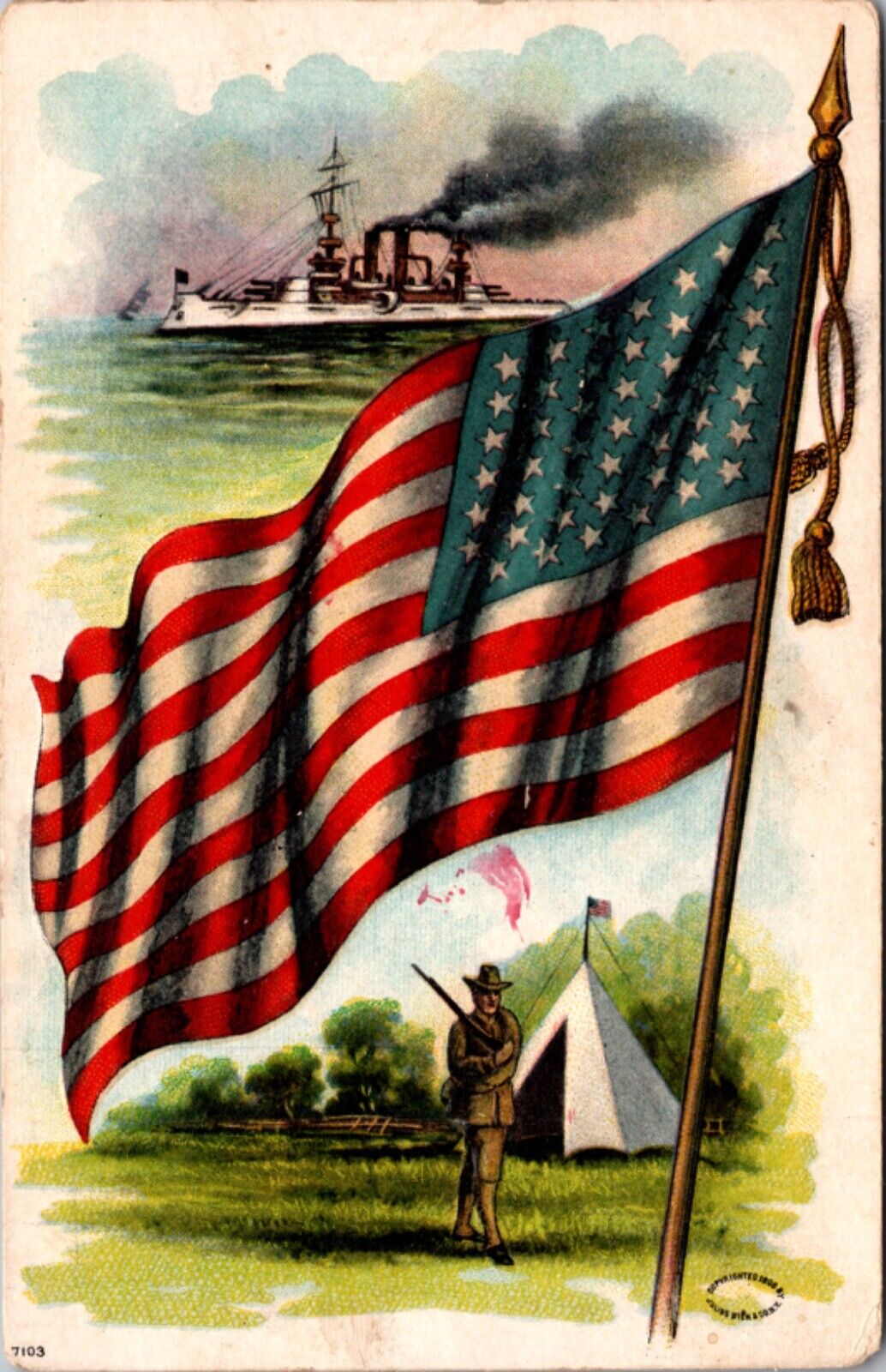 Artwork Postcard Military Man Battleship American Flag