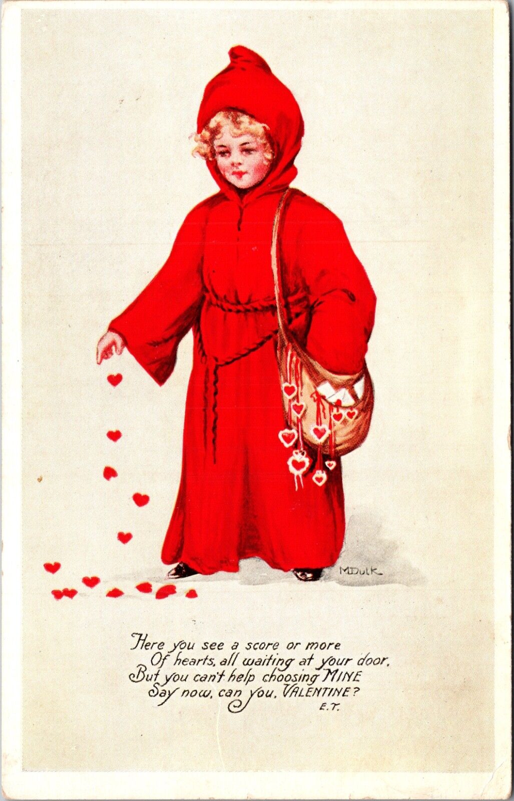 Valentine Postcard Red Hooded Cloaked Girl Sprinkling Hearts on the Ground