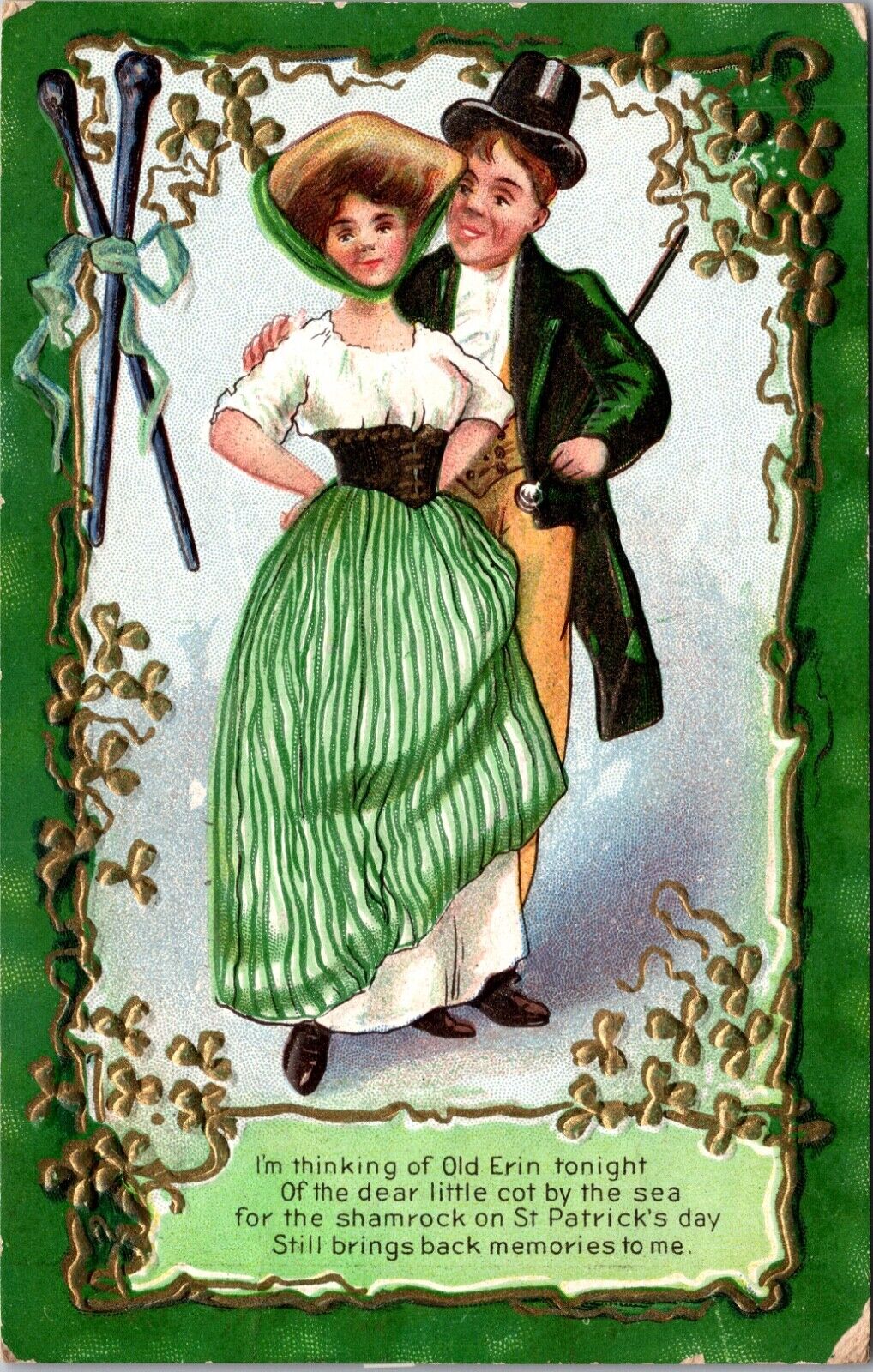 St. Patrick's Day Postcard Shamrock Old Erin Man and Woman Neddles