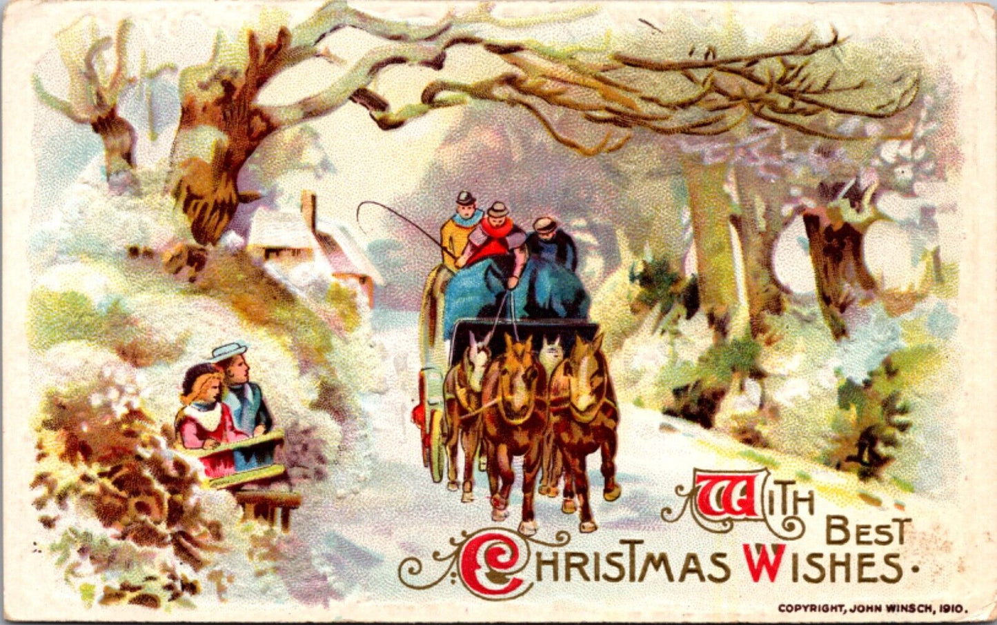 Winsch Artwork Christmas Postcard Horse Drawn Sleigh Carriage Snow Children