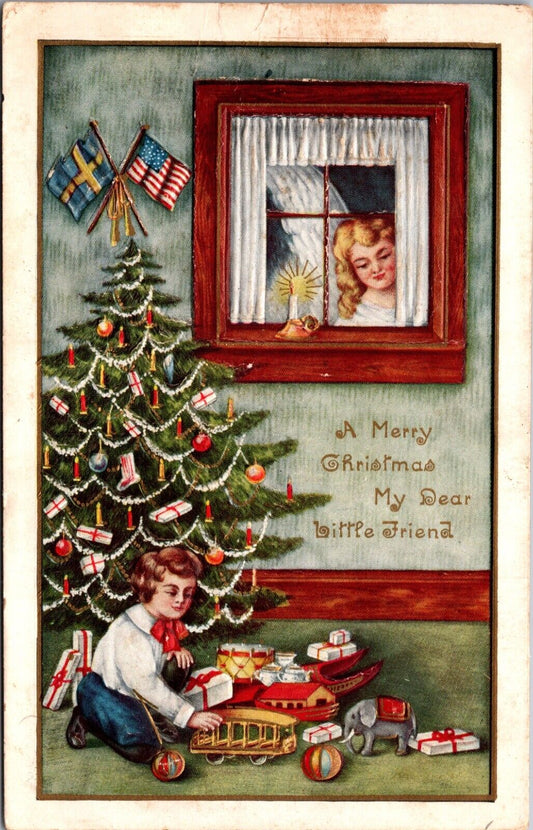 Christmas Postcard Angel Watching Boy Through Window Play with Toys Under Tree