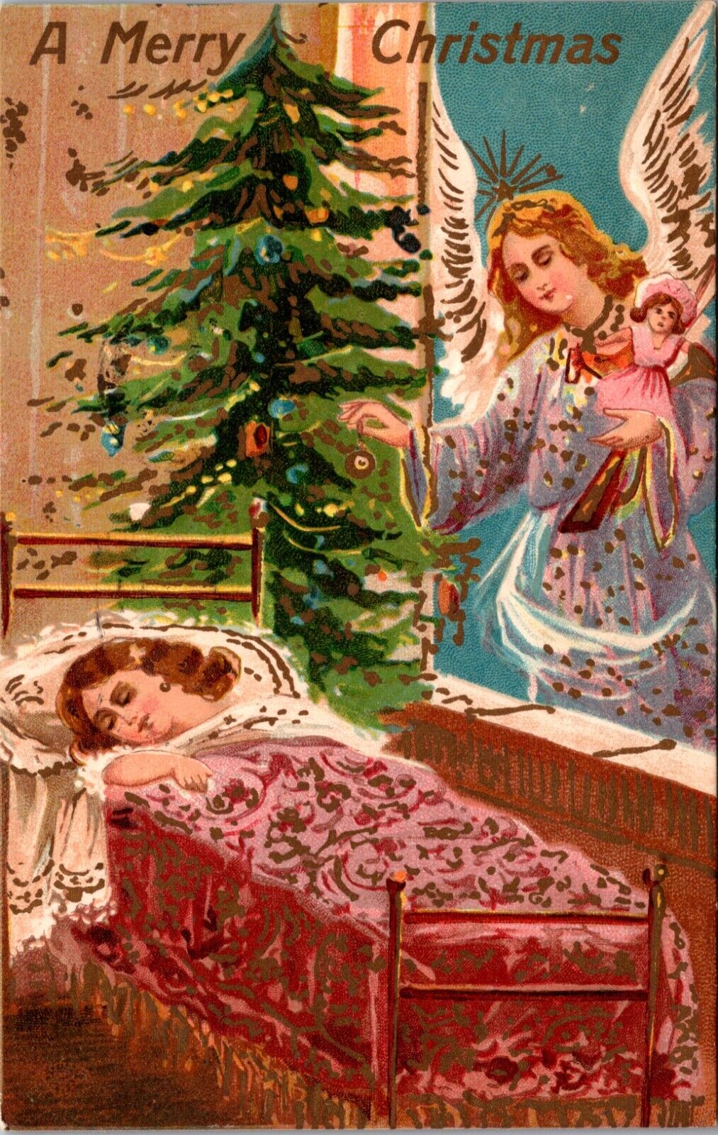 Christmas Postcard Angel in Window Delivering Doll to Sleeping Girl