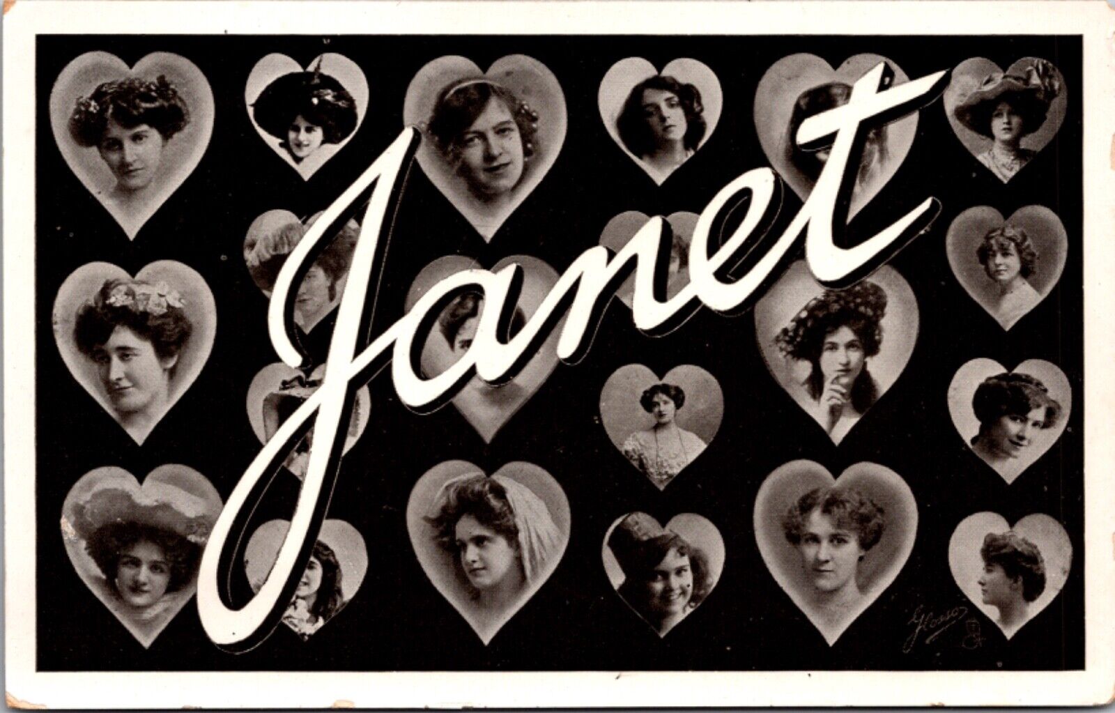 RPPC Large Letter Greetings of the Name Janet Women's Faces Inside Hearts