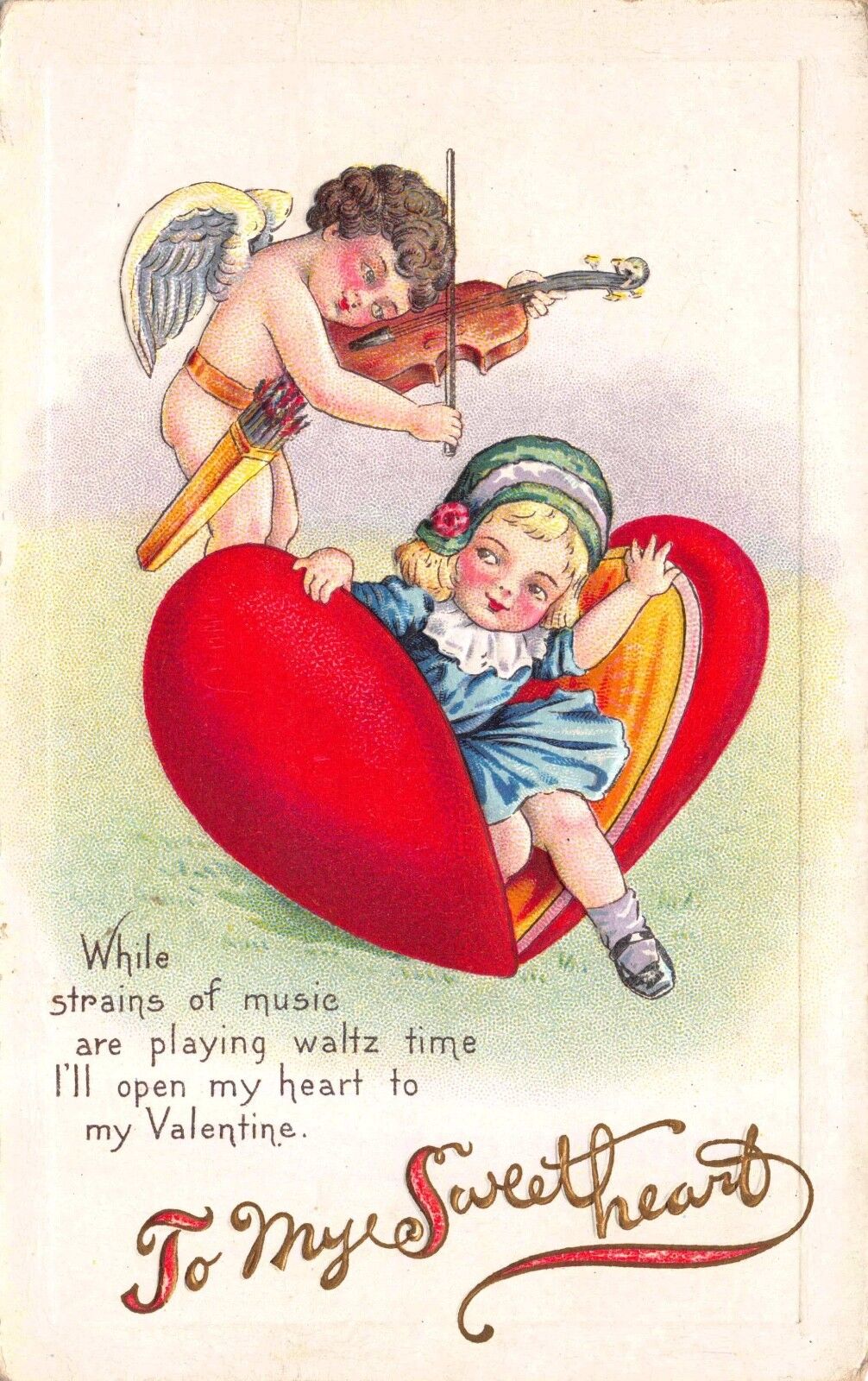 Valentine Postcard Cherub Playing Violin Girl Coming Out of a Heart~118067