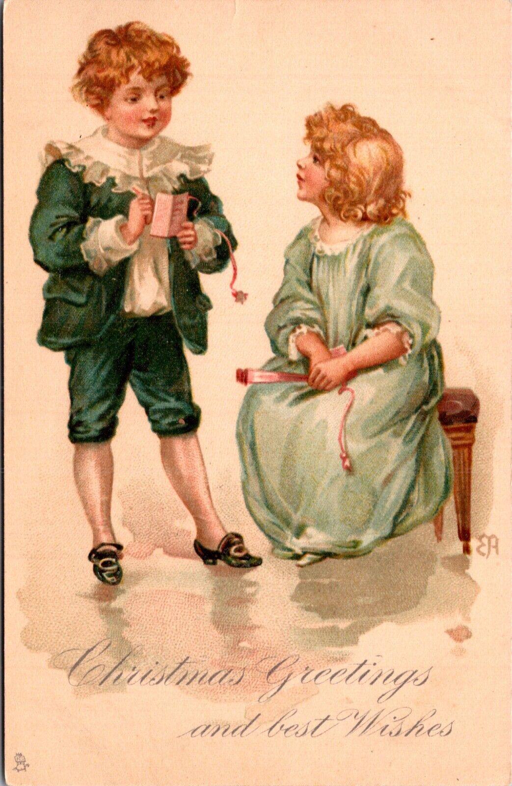 Christmas Greetings and Best Wishes Postcard Two Children Writing in Notebook