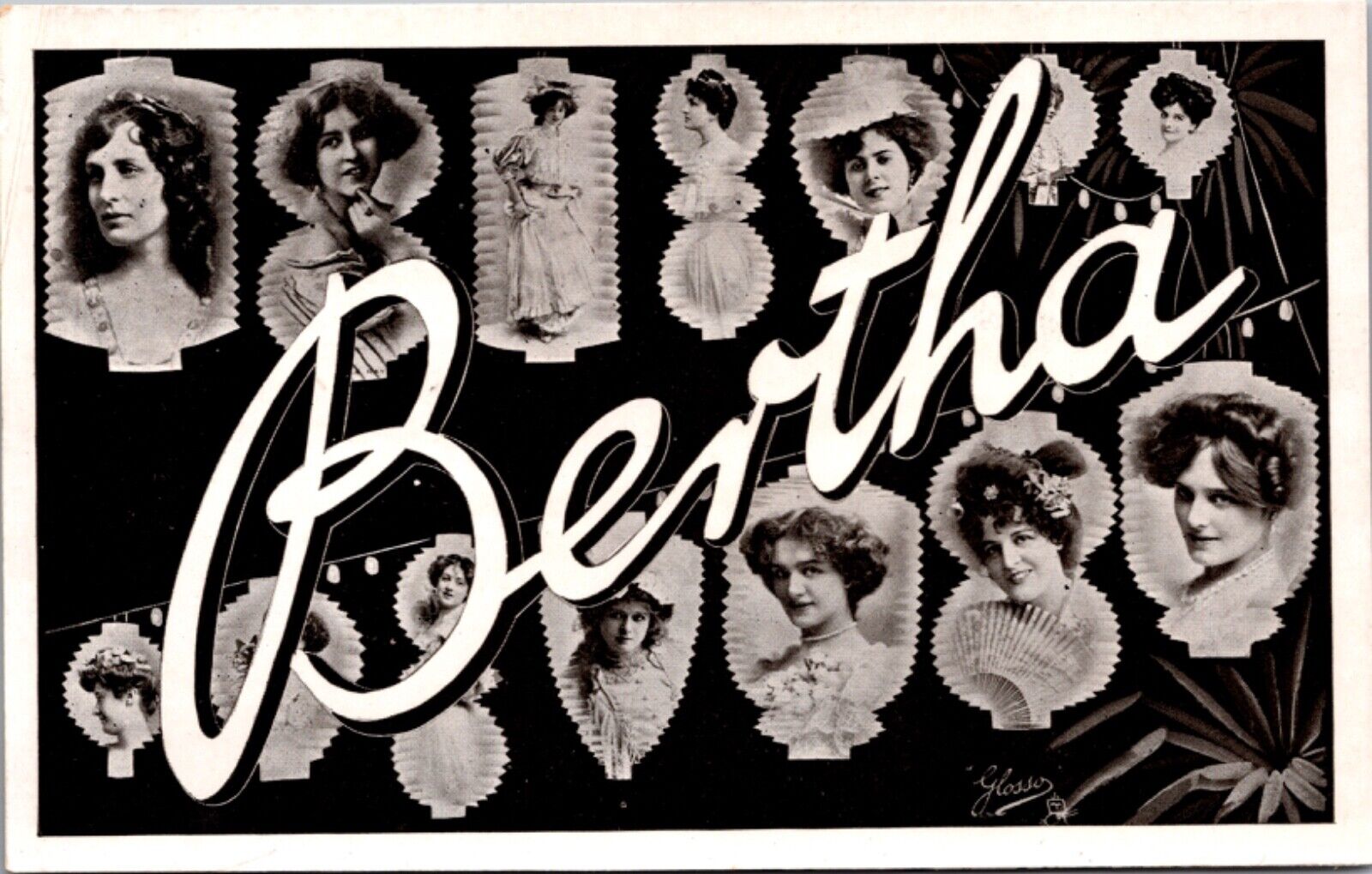 RPPC Large Letter Greetings of the Name Bertha Women's Faces Chinese Lanterns