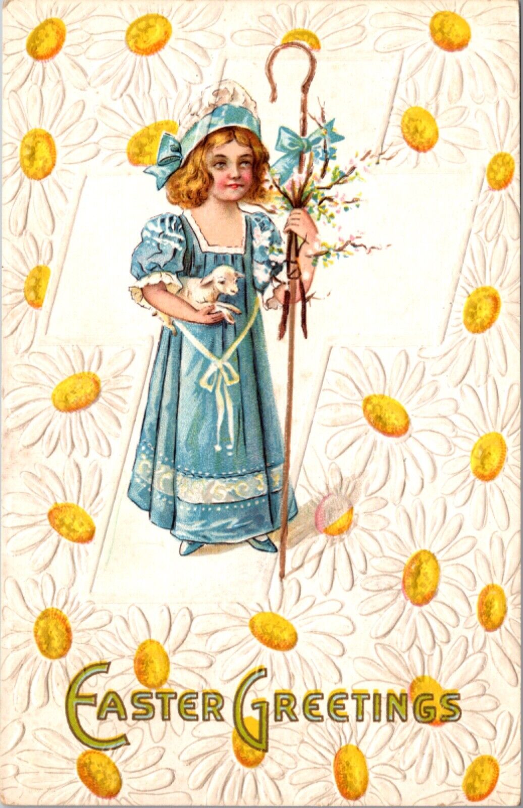 Easter Postcard Little Girl Wearing Blue Dress Holding Lamb White Daisy Flowers