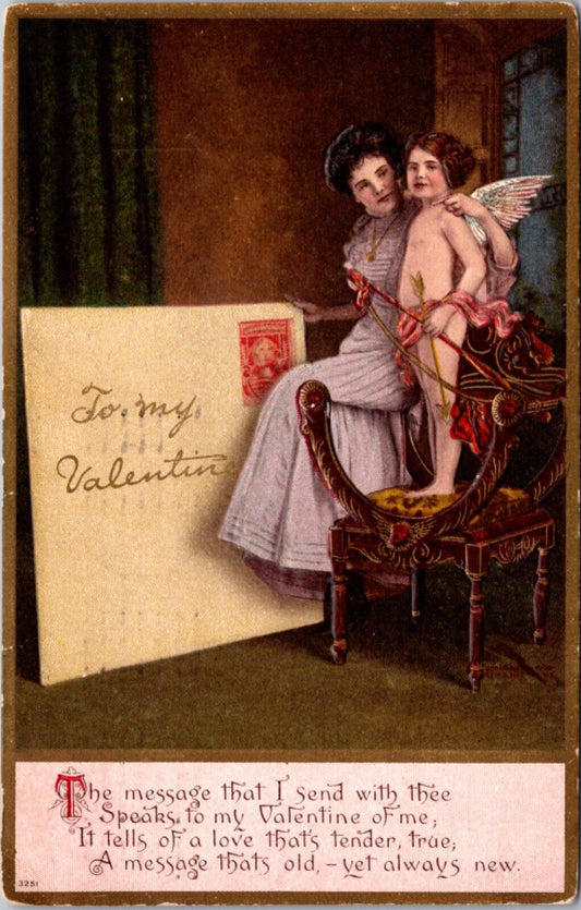 Valentine's Day Postcard Woman with Cherub, Bow and Arrow, Giant Letter