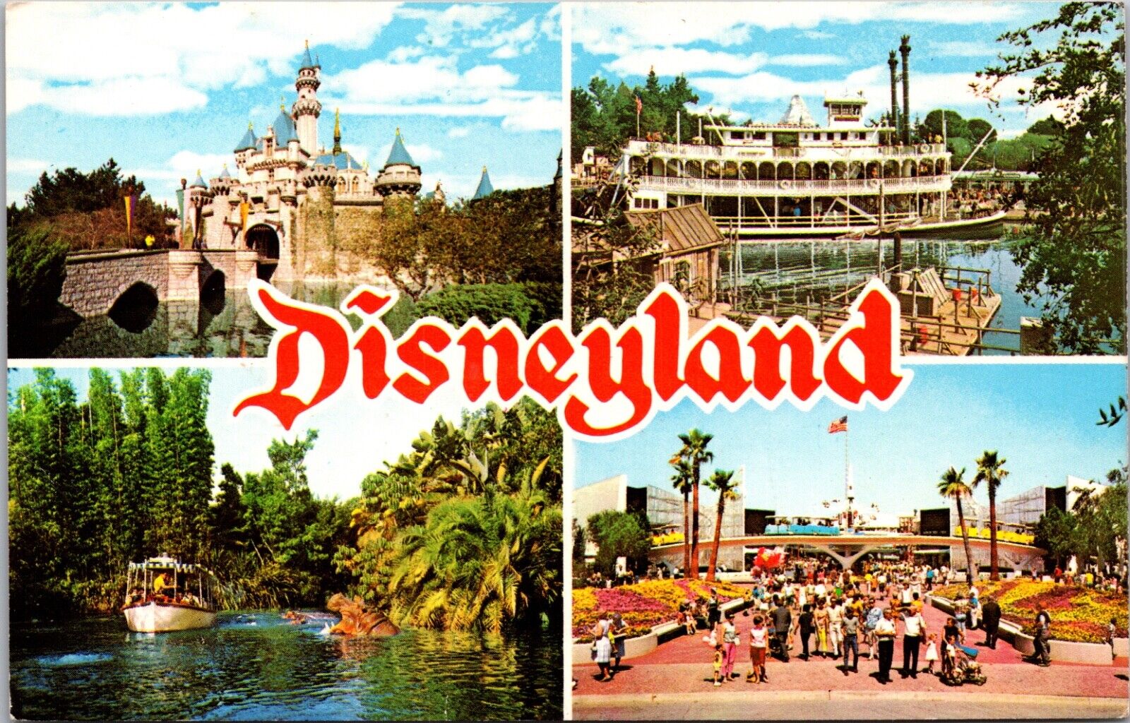 Disneyland Postcard Sleeping Beauty Castle Mark Twain Steamboat Jungle Cruise