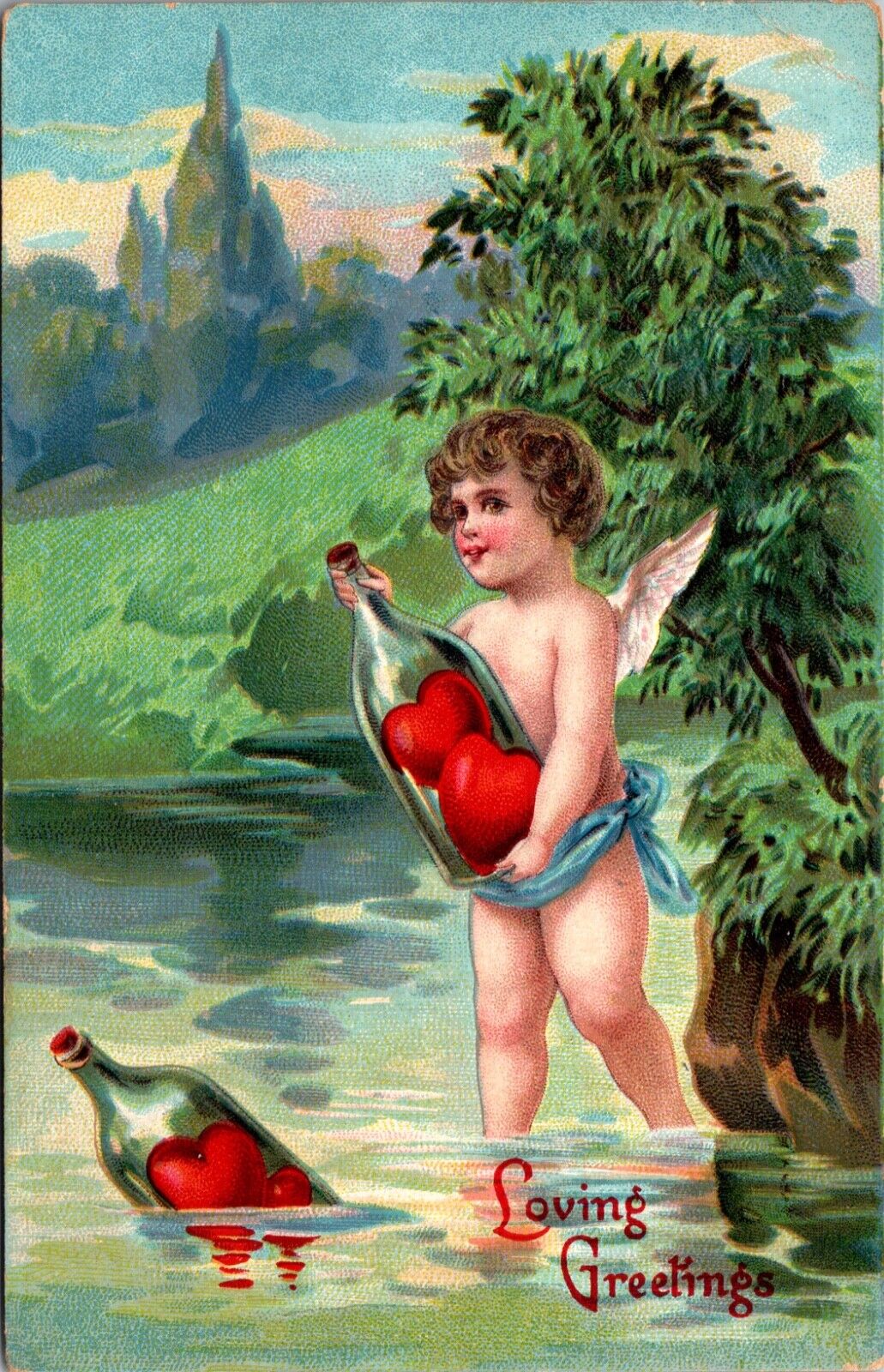 Valentine Loving Postcard Cupid Cherub Glass Jar Bottle of Hearts in Water