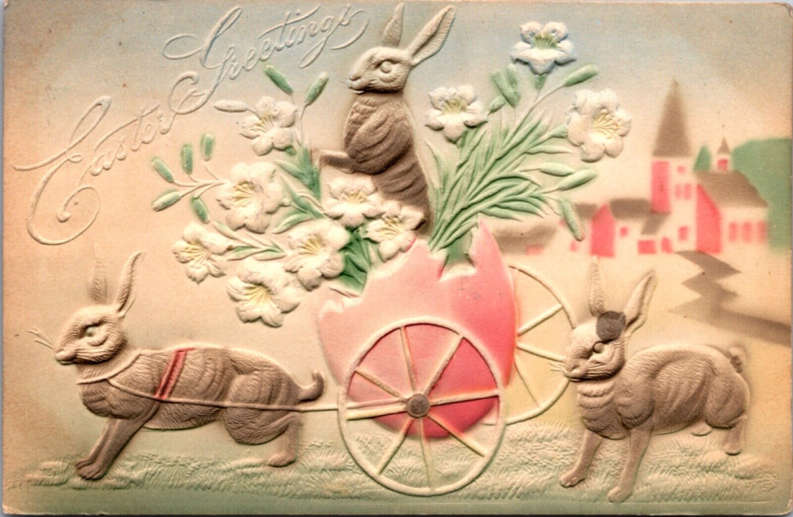 Airbrushed Easter PC Rabbit Pulling Bunny in Broken Eggshell with Lilly Flowers