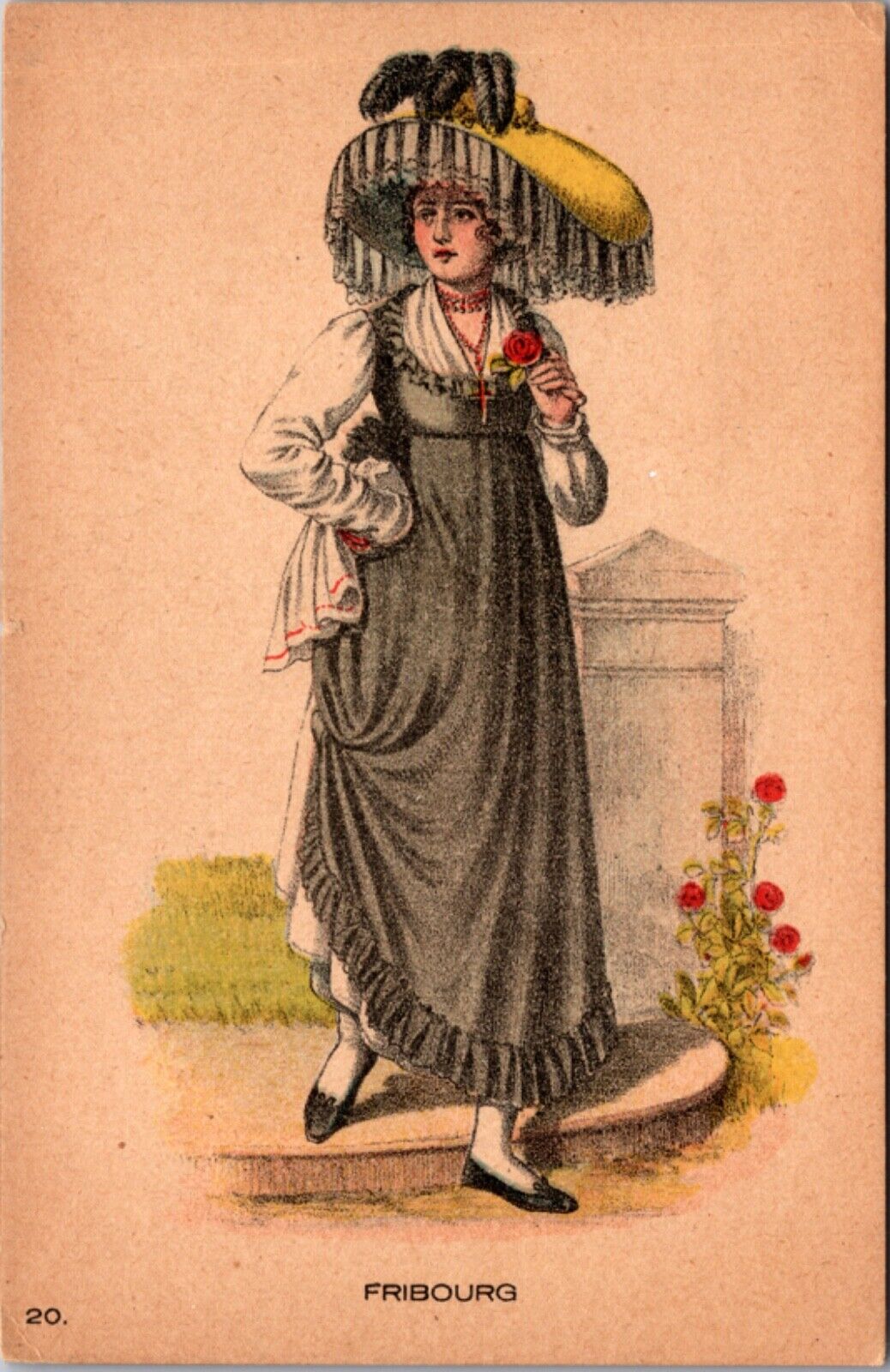 Artwork Postcard Fribourg Woman in Fancy Hat Holding Red Roses