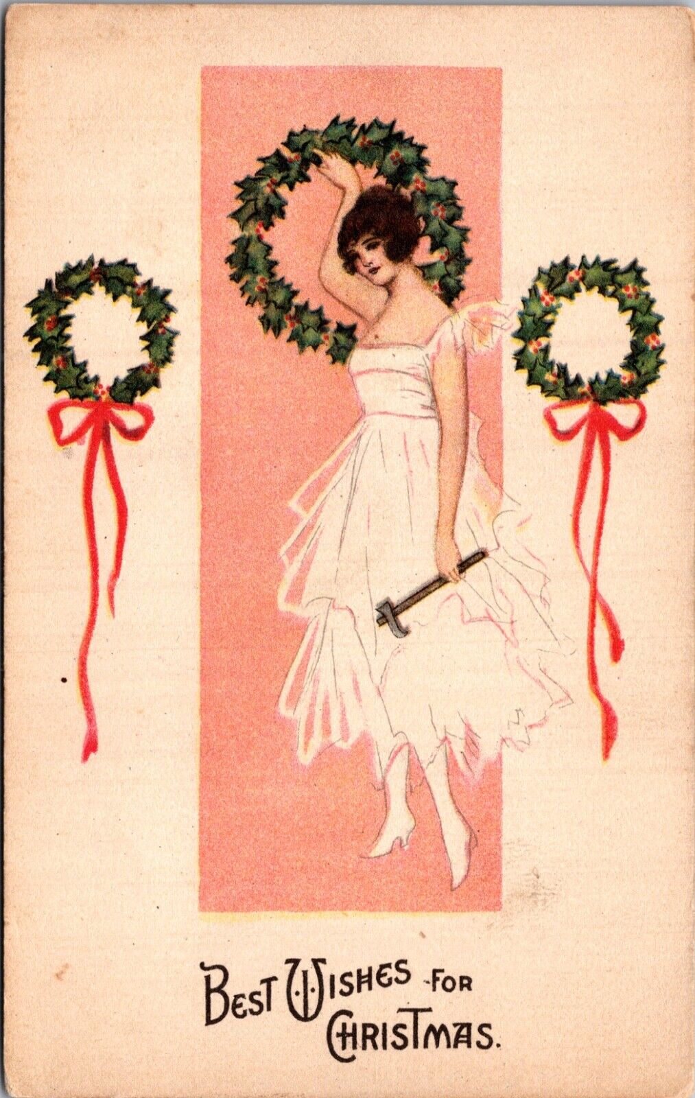 Christmas Postcard Woman Holding Hammer Hanging Wreaths