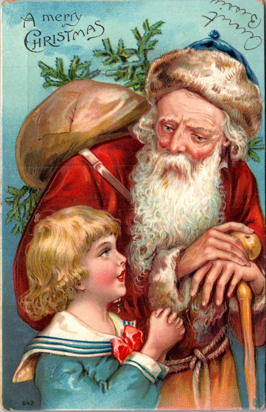 Christmas PC Blue Hat Robe Santa Claus St Nicholas Talking to Sailor Dressed Boy