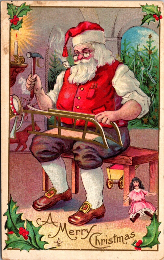 Christmas Postcard Santa Claus Smoking Pipe Building Sled Workshop Doll Toys