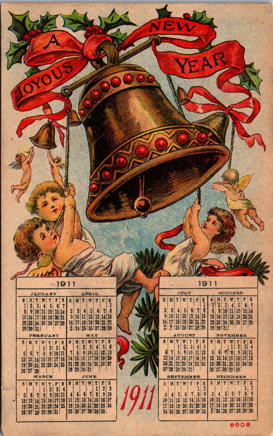 1911 Calendar New Year Postcard Cherubs Cupid Angel Ringing Gold Bells