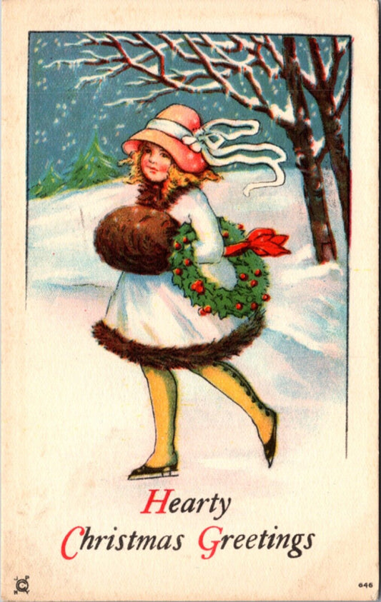 Christmas Postcard Well Dressed Young Girl Ice Skating Holly Wreath Snow