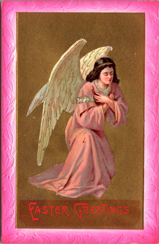 Airbrushed Easter Postcard Angel Praying Bowing on One Knee