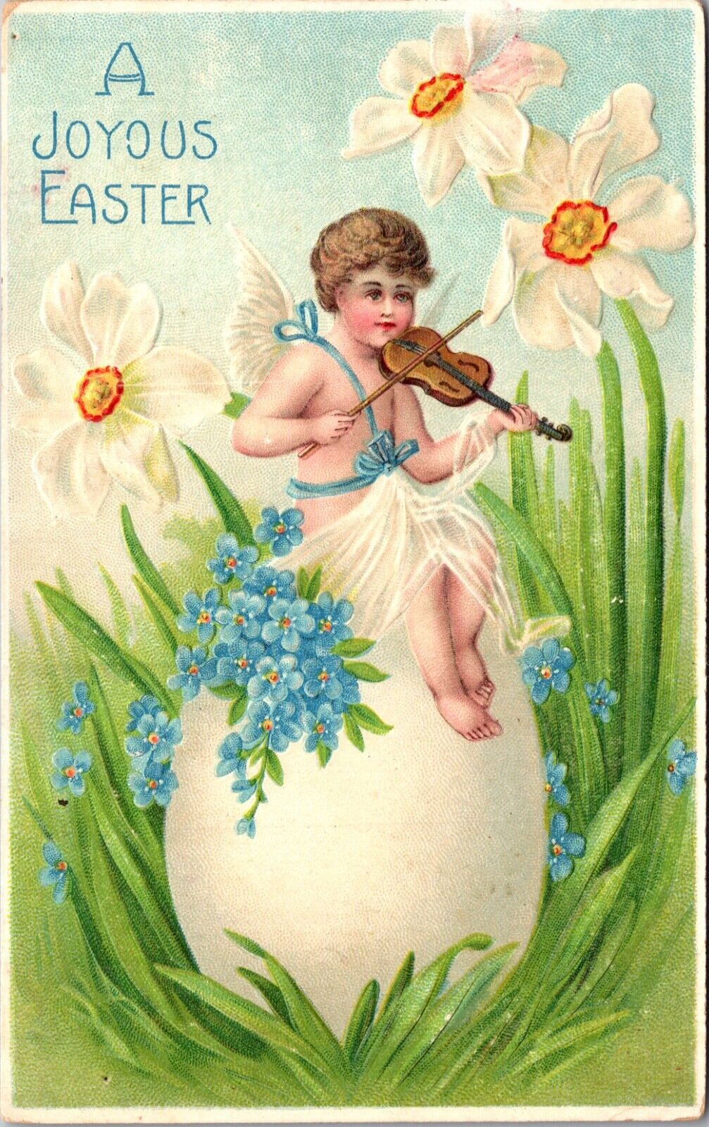 Easter Postcard Cupid Cherub Sitting on Egg Playing Violin Forget-Me-Not Flowers