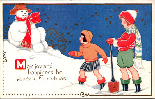 Christmas Postcard Children Looking at Dressed Snowman Sitting on a Hill