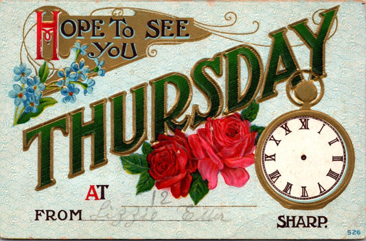 Appointment Reminder Postcard Day of the Week Thursday Pocket Watch Flowers