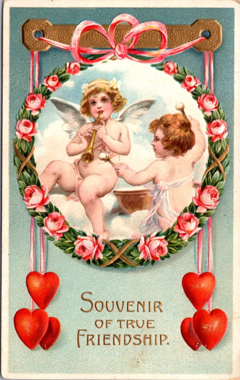 Souvenir of True Friendship PC Cherub Angels Playing Music in Sky, Hearts, Roses