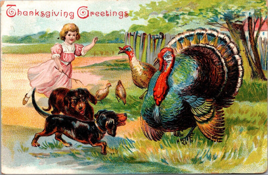 Thanksgiving Postcard Little Girl Walking with Dogs, Turkey Male Female Babies