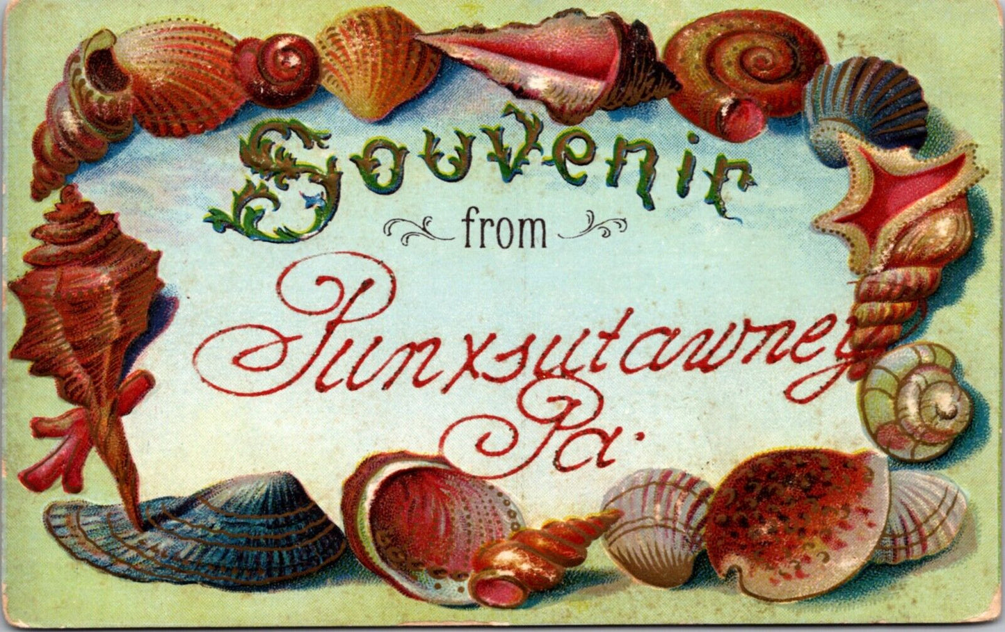 Seashell Border Postcard Large Letter Souvenir from Punxsutawney, Pennsylvania