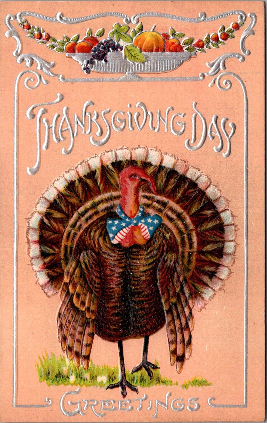 Thanksgiving Postcard Turkey Wearing Patriotic American Flag Bowtie