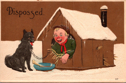 Artwork Postcard Boy Inside Dog House Dog on Leash Bowl Bone Snow DisposSed