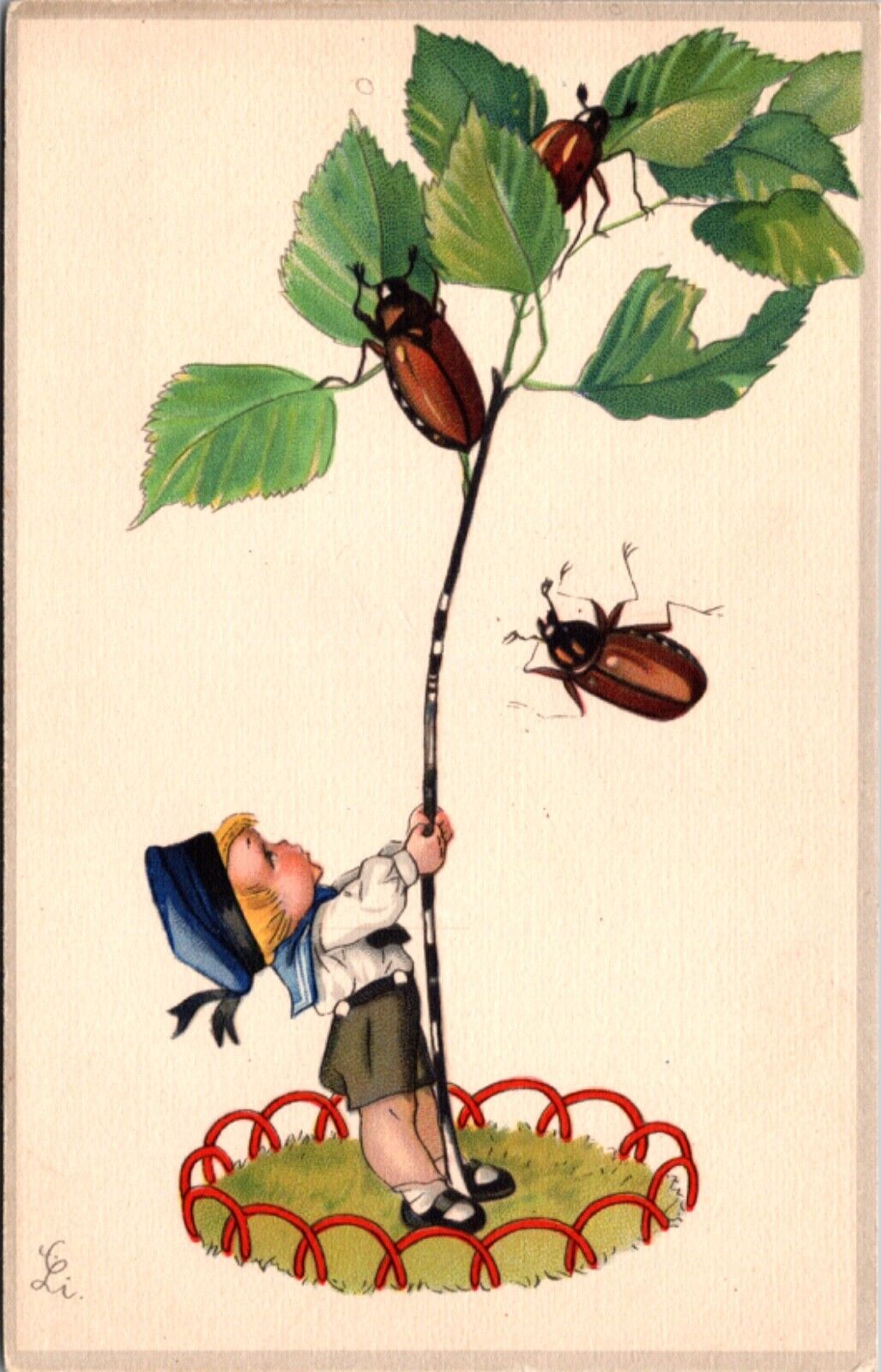 Artist Postcard Sailor Dressed Boy Shacking Beetles Out of Plant Tree