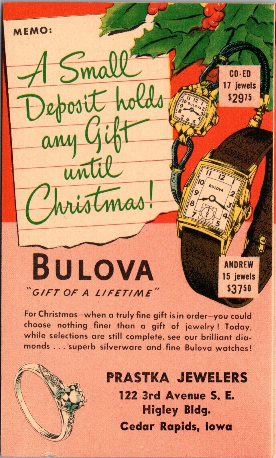 Advertising Postcard Bulova Watches at Prastka Jewelers Cedar Rapids Iowa~3188