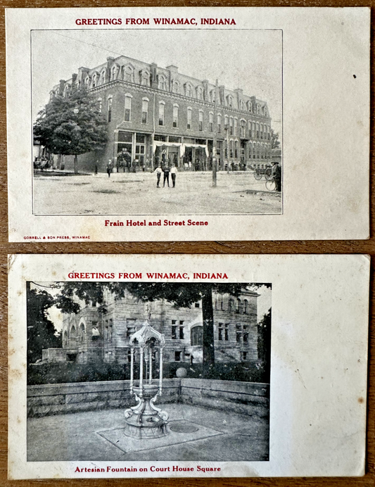 Two Postcards Frain Hotel, Street Scene, Fountain, Court House Winamac, Indiana