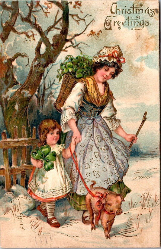 Christmas PC Mother and Daughter Walking Pig in Snow Basket of Clovers Shamrocks