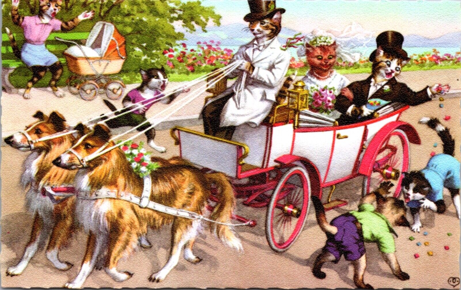 Alfred Mainzer Postcard Dressed Cats After a Wedding in a Dog Pulled Carriage