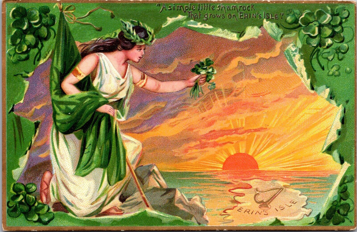 St. Patrick's Day Postcard Erin's Isle Sunrise Sunset Shamrock Irish Flag Harp