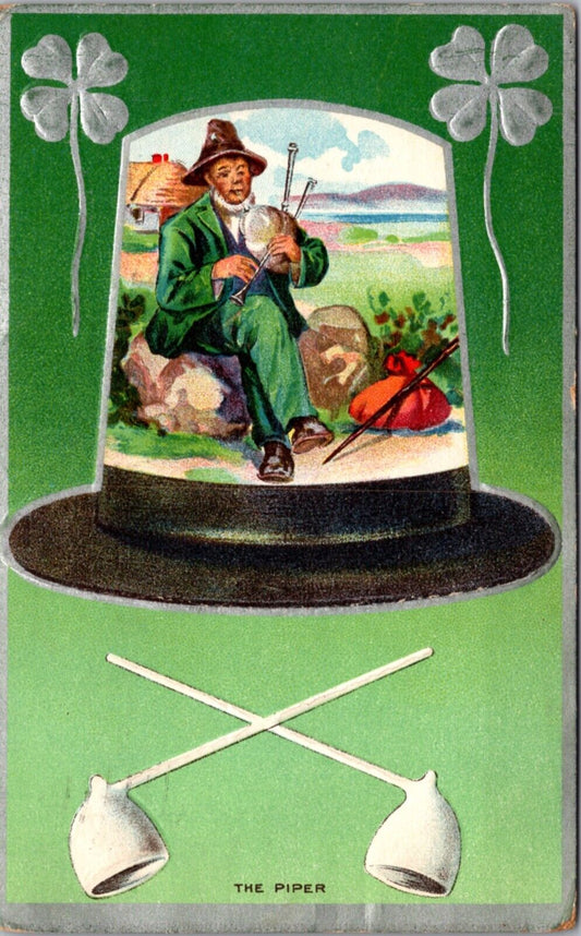 St. Patrick's Day Postcard Smoking Pipe Silver Shamrock Clover Man Bagpipes Hat