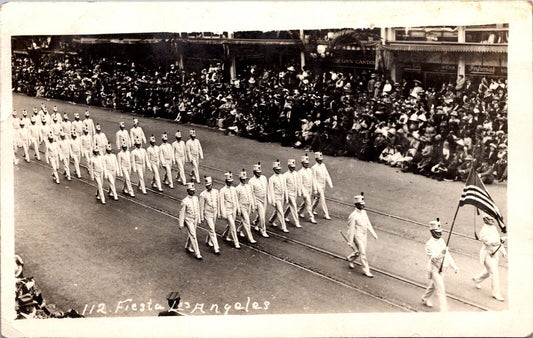 RPPC People Marching in Parade Fiesta Los Angeles California American Flag