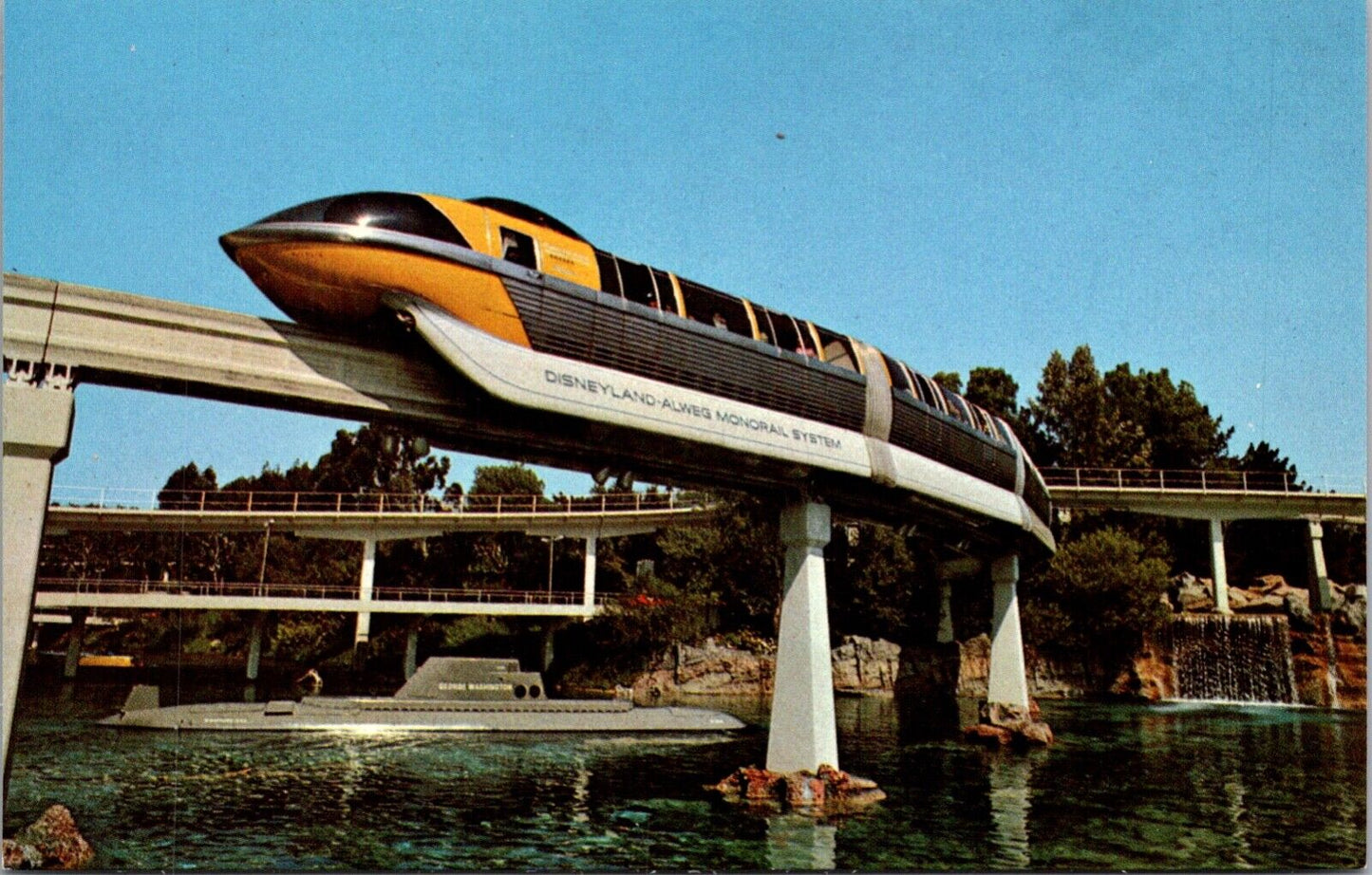 Disneyland Postcard Sleek Monorail Train and Submarine Ride in Tomorrowland