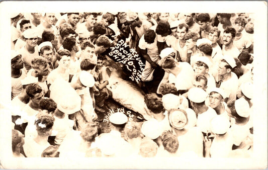 RPPC Navy Men Crowding Around Giant Fish An Actual Fish Story Aboard Our Ship