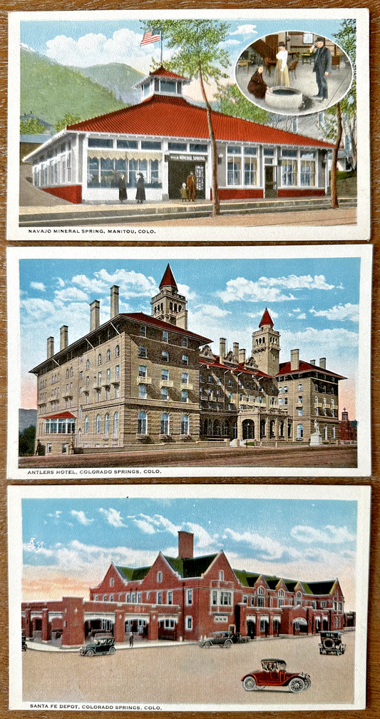 Three Postcards Railroad Depot, Hotel, Mineral Spring Colorado Springs, Colorado